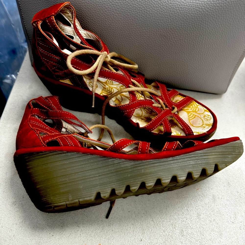 FLY London Leather Lace-Up Yule Wedge Sandals in Brick